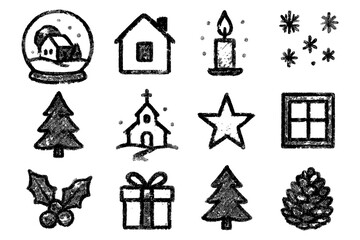 Fototapeta premium Chalk style christmas icons: snow globe, candle, gift, pine cone, and more