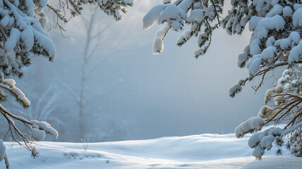 Enchanting winter forest scene with snow-covered branches framing a misty pathway