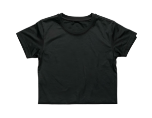 A plain black short-sleeved crew neck shirt laid flat against a dark background