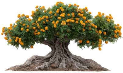 Majestic Banyan Tree Adorned with Vibrant Marigold Flowers Isolate on Transparent Background, png