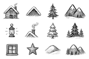 Chalk style winter icons: cabin, nature, trees, mountains, lantern, snow collection