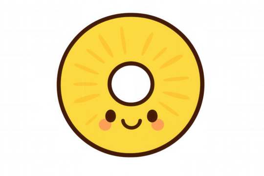 Cute smiling pineapple slice cartoon character, happy fruit ring expressing cheerfulness, transparent background