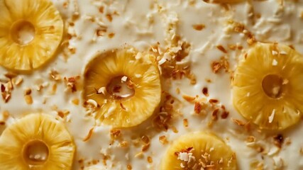 Overhead view of a dessert with pineapple slices and cream - Powered by Adobe
