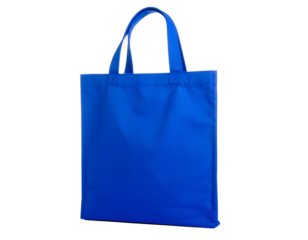 A vibrant, simple blue tote bag with handles, isolated against a black background