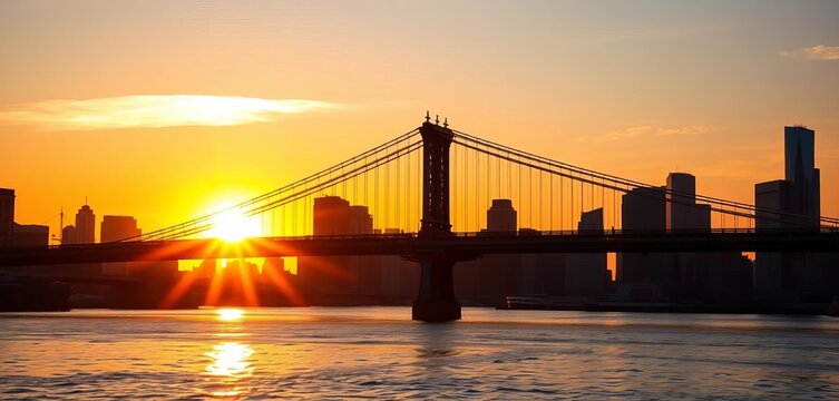 Silhouette against fiery sunset, Brooklyn Bridge backdrop, new york, sunset