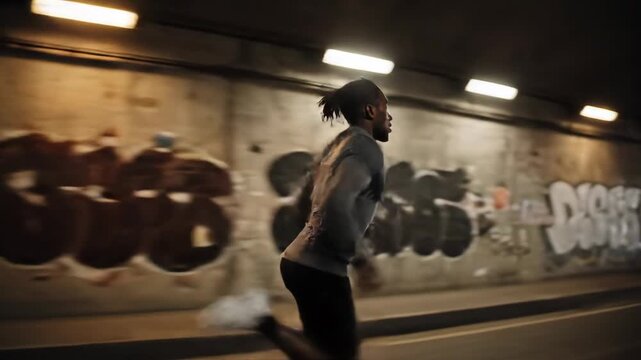 Athletic man runs with determination through a graffiti-filled urban tunnel at night