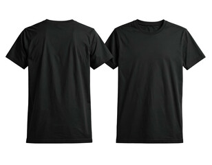 Two black crewneck t-shirts, one facing front, and the other showing the back view