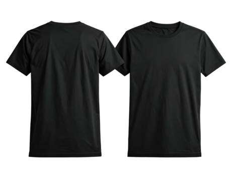 Two black crewneck t-shirts, one facing front, and the other showing the back view