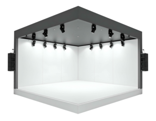 3D-rendered corner stage design with spotlights, speakers, and white walls on black backdrop