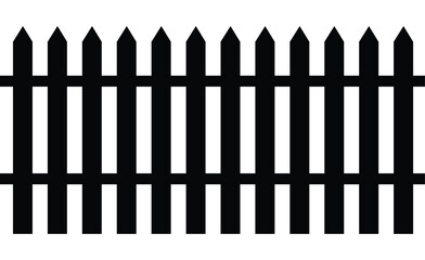  Solid black vector silhouette of a picket fence with decorative, pointed tops. Continuous border representing a boundary, barrier, or property line. Minimalist, flat graphic isolated on white.