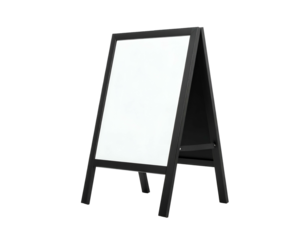Angled black sandwich board with a blank, white display screen against a black background
