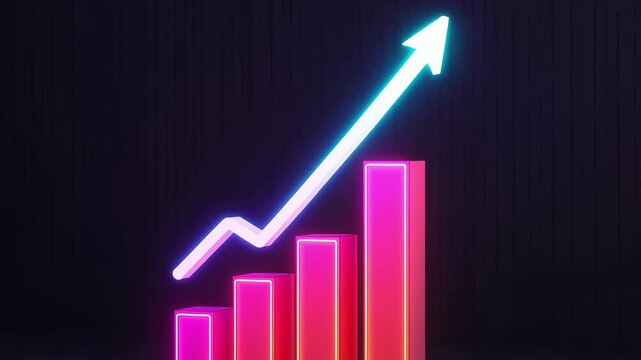 A neon graph with an upward trend on a dark background.