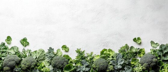 Fresh vegetables and herbs on white background, neat composition for healthy eating, useful for cookery blogs and product adverts.