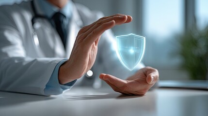 Healthcare professional demonstrating digital security concepts in modern medical office environment