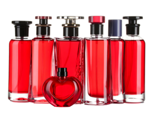 Seven red perfume bottles, varied shapes and stoppers, arranged in a studio setting