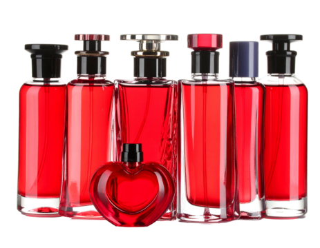 Seven red perfume bottles, varied shapes and stoppers, arranged in a studio setting