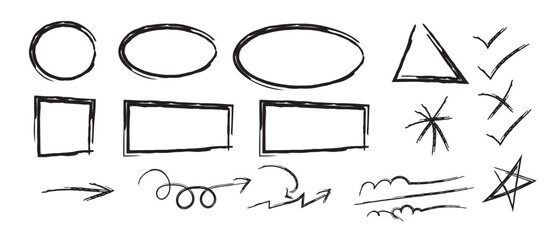 Collection of hand drawn geometric shapes and symbols on white background