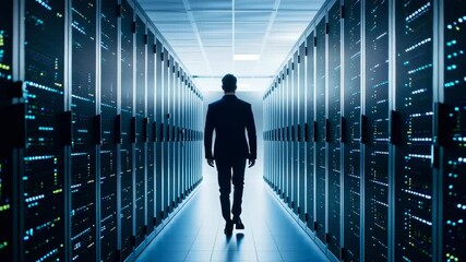 A silhouette of a person walking through a data center hallway. - Powered by Adobe