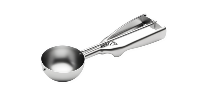 Ice cream scoop isolated on transparent background, a kitchen utensil used for serving ice cream with a rounded scoop and easy release mechanism