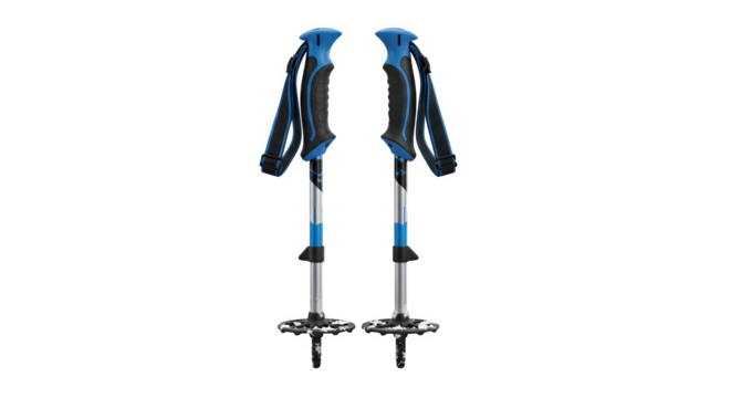 Pair of trekking poles isolated on transparent background, designed for hiking and outdoor adventures, featuring adjustable height and comfortable grips for stability