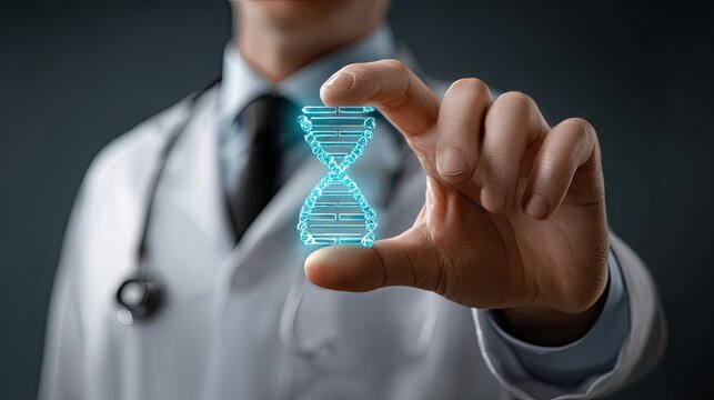 Medical research scientist holding dna helix model in laboratory science environment innovative healthcare concept - Powered by Adobe
