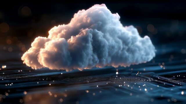 Futuristic glowing cloud icon on digital circuit board background, symbolizing modern cloud computing technology