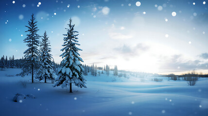 Fototapeta premium Magical winter landscape with snow covered trees and snowy ground at dusk