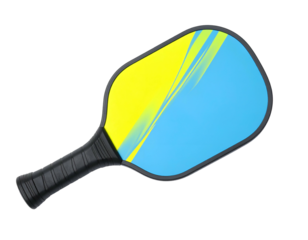 A brightly colored pickleball paddle with a split design against a black background