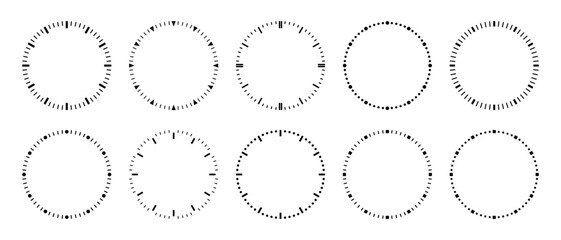 Clock dial scale. Round analog timer watch templates. Hour and second dash marks.