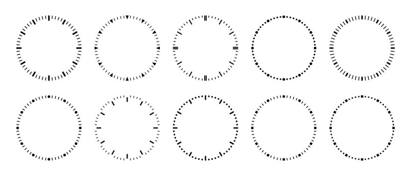 Clock dial scale. Round analog timer watch templates. Hour and second dash marks.