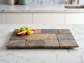 Rustic slate cheese board with grapes and apple slices