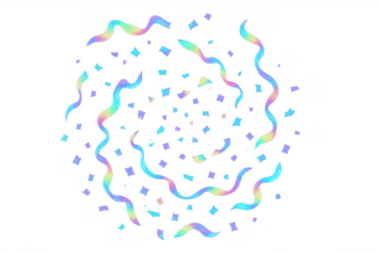 Holographic confetti and serpentine streamers falling transparent background - Powered by Adobe