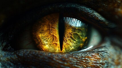 Macro shot captures reptile eye, vibrant yellow hue, revealing detailed texture