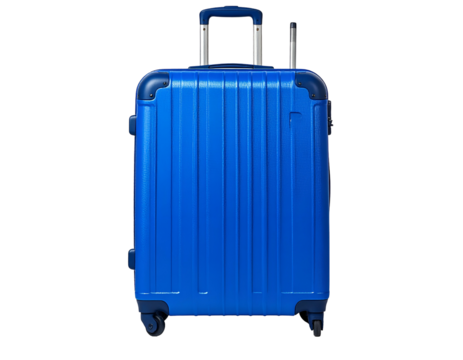A front view of a vibrant blue, rolling suitcase with a telescoping handle