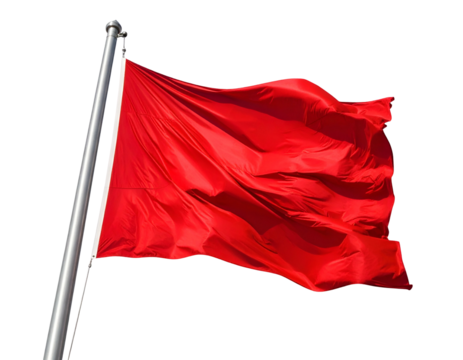 A vibrant red flag, waving on a pole against a black background, symbolizing alert