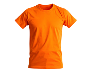 A vibrant, plain orange short-sleeved t-shirt isolated against a solid black backdrop