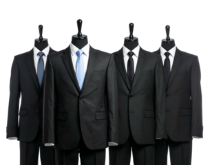 Four mannequins dressed in dark suits with different colored ties for formal occasions