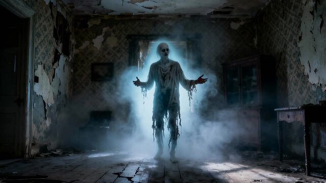 Translucent spectral entity emerges within decaying interior, projecting ethereal blue-white luminescence across damaged wooden floor. Misty paranormal phenomenon captured by stationary camera