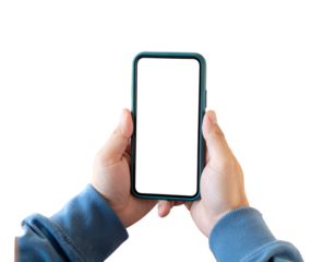 A person's hands hold up a smartphone with a blank white screen
