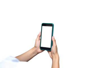 Person holding a smartphone with blank white screen against a black background
