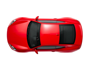 Overhead shot of a sleek, red coupe car, appearing modern, isolated on black background