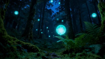 Ethereal nighttime forest landscape revealing mysterious blue-green glowing orbs scattered among moss-covered trees and dense ferns, creating surreal supernatural illumination. - Powered by Adobe