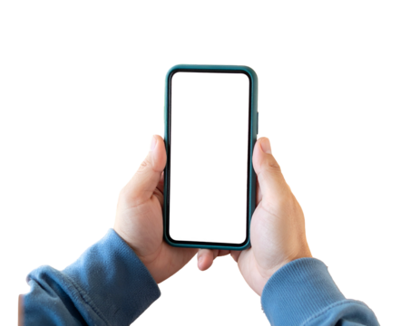 A person's hands hold up a smartphone with a blank white screen