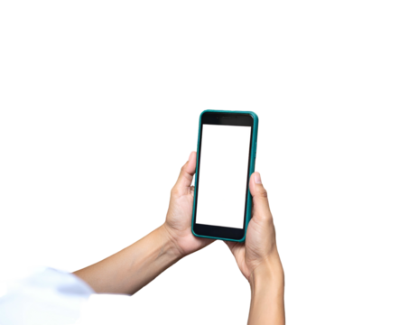 Person holding a smartphone with blank white screen against a black background