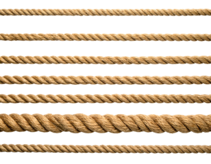 Close-up of various thick, natural ropes against a solid black background