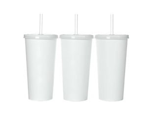 Three white, lidded beverage cups with straws displayed against a transparent background