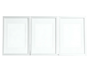 Three aligned rectangular white frames set against a black backdrop, with empty white center spaces
