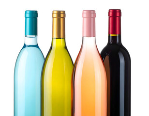 Four wine bottles with colorful caps, each with a distinct colored glass liquid