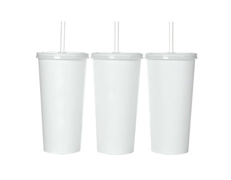 Three white, lidded beverage cups with straws displayed against a transparent background