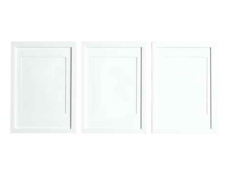 Three plain white framed rectangles arranged horizontally against a stark black background